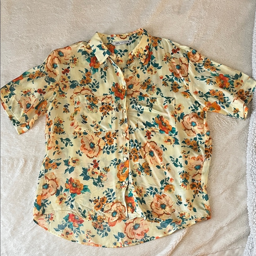 Zara Floral Print Shirt in Orange and Teal